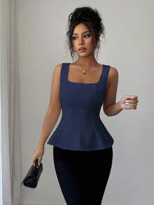 Blusa elegante de cuello cuadrado sin mangas para mujer, adecuada para la oficina, el transporte, el té de la tarde, las fiestas, las vacaciones y ocasiones casuales - Azul marino - Ver 3