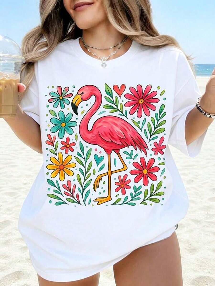 Camiseta de mujer con estampado floral de flamenco, diseño tropicaibrante, talla grande y oversize para usar en vacaciones y días festivos