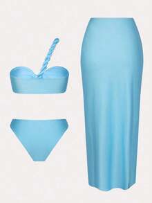 Swim Oasis Set de 3 piezas de nuevo conjunto de verano de unicolor: top sin espalda con nudo en el hombro, Bottom de bikini y vestido de playa con abertura y nudo - Celeste - Ver 2