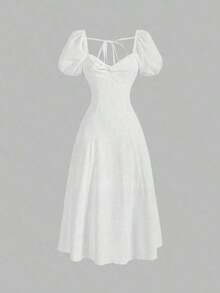 MOD Vestido de verano elegante de mujer de unicolor con mangas abullonadas y cintura ceñida - Blanco - Ver 6