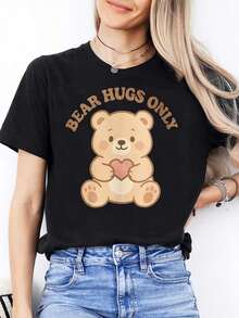 New Fashionable Women's Short-Sleeved T-Shirt With A Round Neck And Casual Style, Featuring Cute Cartoon Bear And Heart Designs, A Warm And Comforting Style, Perfect As A Gift For Family And Friends. - 彩色 - 查看 6