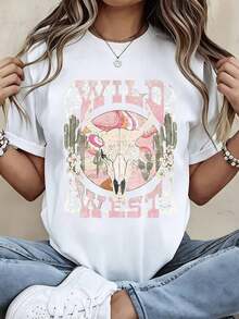 Camiseta casual de mujer con estampado gráfico de calavera de toro, cactus y flores en estilo boho para verano y actividades al e - Blanco - Ver 2