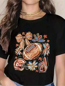 Camiseta de fútbol de manga corta para otoño, camiseta de fútbol para el día del partido, fútbol, camiseta de fútbol bonita, temporada de fútbol, camiseta de otoño para el Día de Acción de Gracias para el verano. - Negro - Ver 1