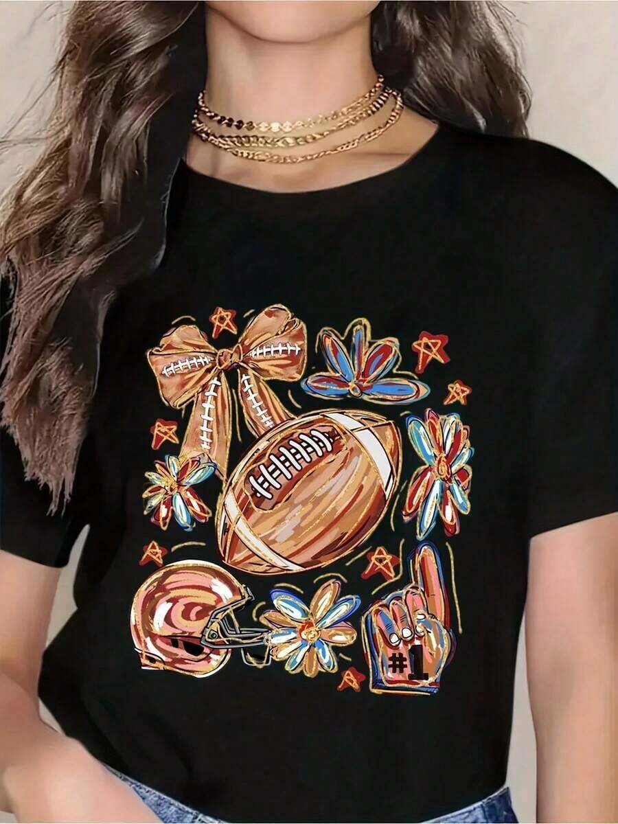 Camiseta de fútbol de manga corta para otoño, camiseta de fútbol para el día del partido, fútbol, camiseta de fútbol bonita, temporada de fútbol, camiseta de otoño para el Día de Acción de Gracias para el verano. - Negro - Ver 1