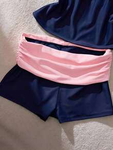 Conjunto de tankini de contraste de color para mujer/ropa de playa/casual/estilo Y2K/básico/vuelta al colegio vacaciones de verano - azul oscuro - Ver 2