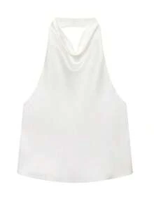 Camiseta sin espalda de satén negro para mujer, Camiseta de tirantes para playa de verano para mujer, Camiseta de tirantes finos con hombros descubiertos de color rosa para mujer - Blanco - Ver 3