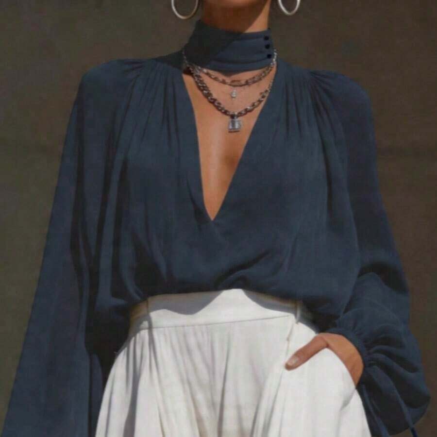 Blusa de mujer de manga larga de gasa, top semitransparente de cuello en V profundo, adecuado para ocasiones formales de primavera - Azul marino 2 - Ver 1
