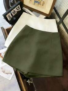 Pantalones cortos, falda, culottes, pantalones cortos de mujer, ropa casual de primavera/otoño para mujer, minifalda de mujer de tela suave y texturizada, de cintura alta y con abertura, de estilo casual y versátil para ir y venir - Verde militar - Ver 2