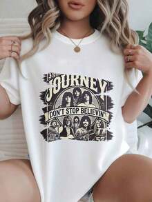 Camiseta Casual de Manga Corta para Mujer - Diseño Vintage de los Miembros de la Banda Journey Don't Stop Believin, Cuello Redondo, Top de Verano, Lavable a Máquina, Camisetas para Damas, Ropa Casual, Estilo Moderno, Ajuste Cómodo
-Blanco - Blanco - Ver 7