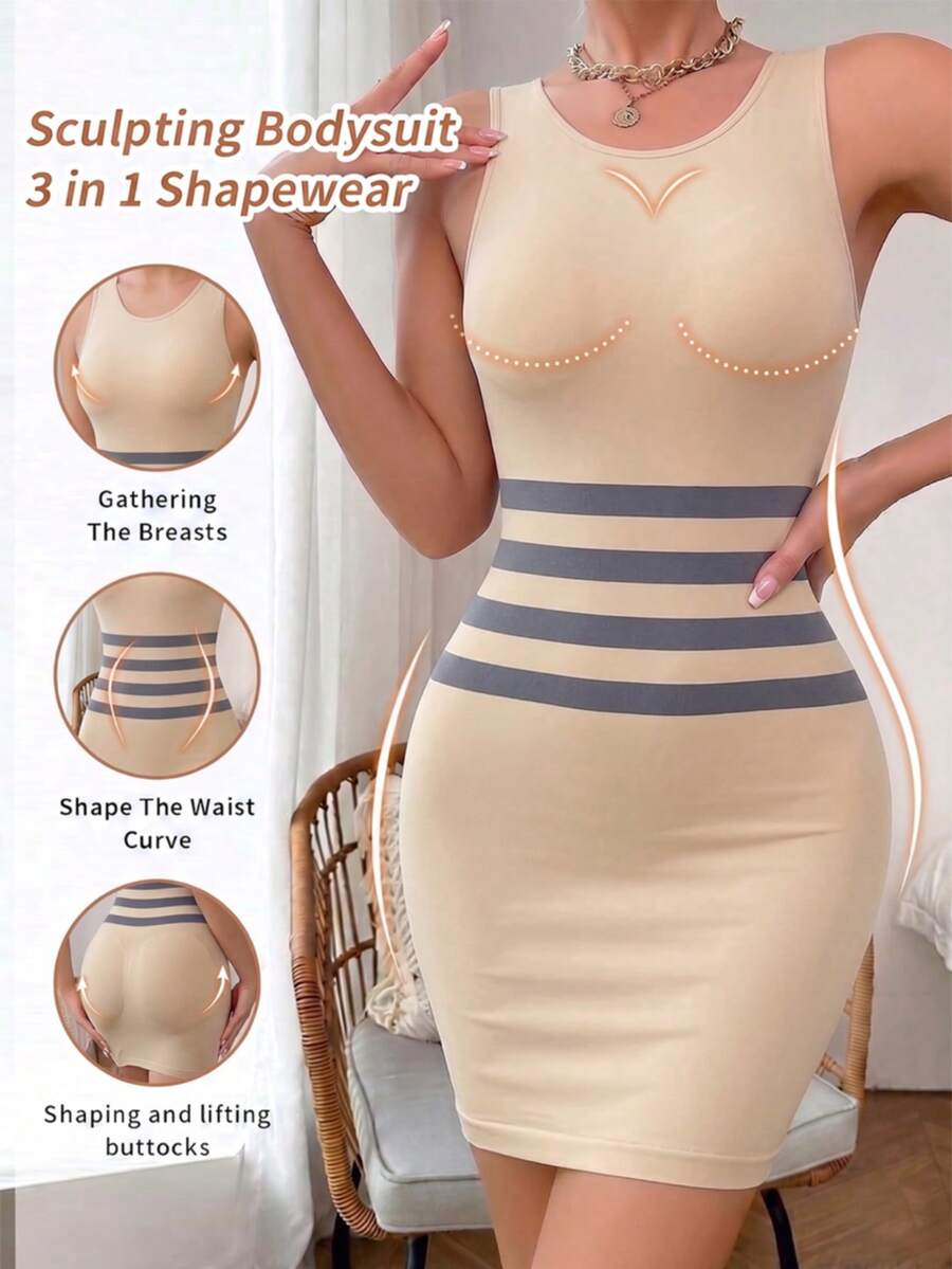 1 pieza Vestido moldeador sin mangas de punto elástico con rayas beige y grises, control de abdomen y cintura, tejido elástico y transpirable, amigable con la piel, cuello redondo, ajuste favorecedor, no transparente, cómodo para usar todo el día, para uso diario, fiestas, oficina, citas casuales, salidas nocturnas y estilos de todas las estaciones - Beis - Ver 1