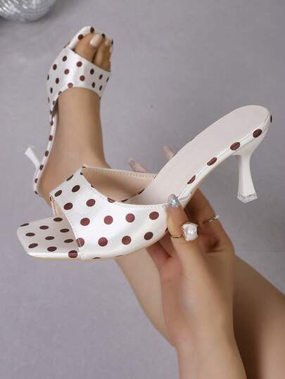 Women's New French Retro Polka Dot Print Satin Thin Heel Slide Sandals, Strap Open Toe High Heels, Versatile For Daily Wear, Wedding, Party