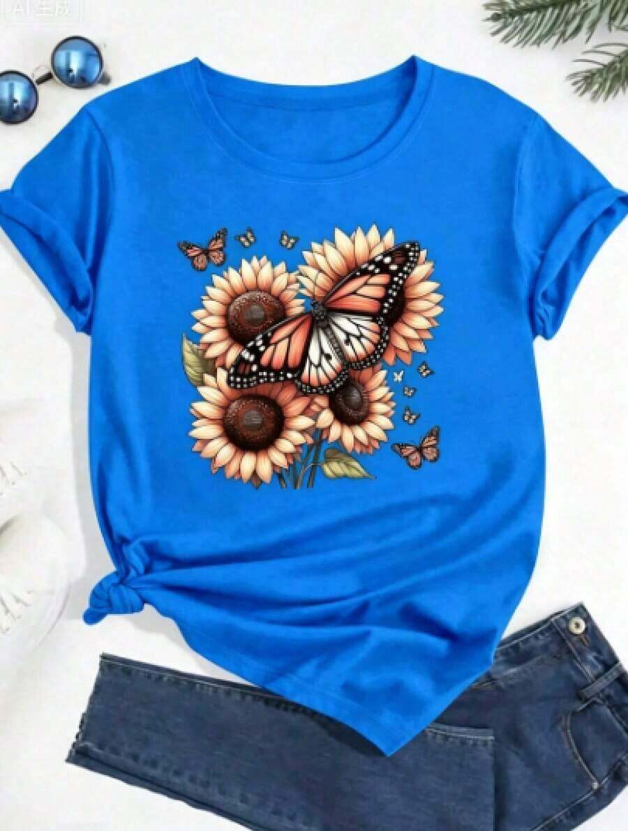Limited Edition Women's Fashion Minimalist Casual Shirt Graphic Short Sleeve T-Shirt With Sunflower And Butterfly Appliqué For Plus Size Women New Loose And Versatile Top Lightweight Cotton - 藍色 - 查看 1
