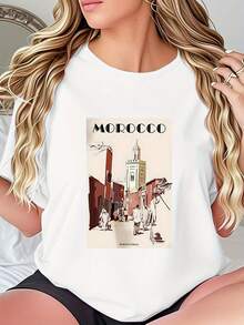 Camiseta de edición limitada para mujer con estampado de escenas callejeras marroquí- Diseño casual transpirable de cuello redondo, inspirada en los viajes, lavable aáquina, ajuste cómodo, top elegante, tela de elasticidad media, estilo moderno, material cómodo, top estampado, excelente opción de regalo, algodón ligero. - Negro - Ver 8