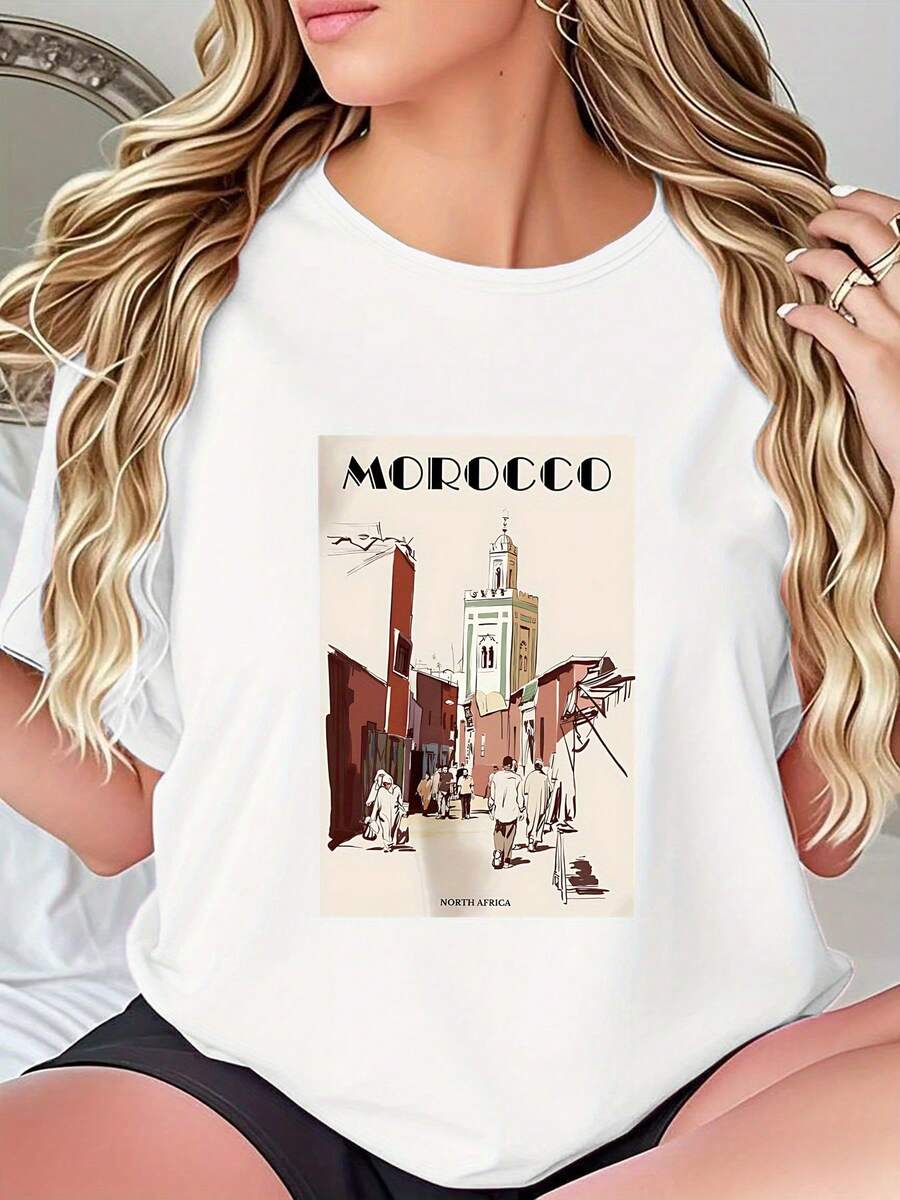 Limited Edition Women's T-Shirt With Moroccan Street Scene Print - Casual Breathable Crew Neck Design, Travel Inspired, Machine Washable, Comfortable Fit, Stylish Top, Medium Stretch Fabric, Modern Style, Comfortable Material, Printed Top, Excellent Gift Choice, Lightweight Cotton. - 白色 - 查看 1