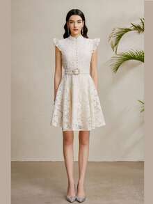 Vestido de encaje blanco para mujer, cuello mao con mangas efímeras y cinturón de strass, falda tipo A elegante para fiesta y evento formal. - Albaricoque - Ver 1