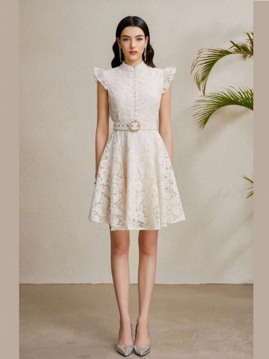 Vestido de encaje blanco para mujer, cuello mao con mangas efímeras y cinturón de strass, falda tipo A elegante para fiesta y evento formal. - Albaricoque - Ver 1