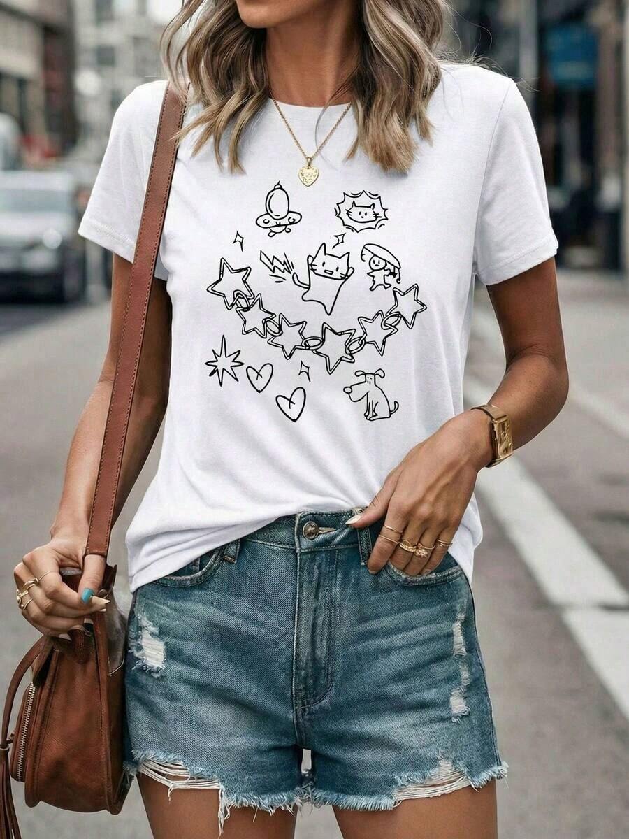 1pcY2K Women's Summer Top, Cute And Fun. Simple Pet Designs, Childlike And Relaxing Style, Exclusive For Owners, Star And Heart Elements, Women's T-Shirt With Cartoon Letter Print. Suitable For Various Occasions, Such As A Gift For Festivals, Birthdays, Music Festivals, Mother's Day, Easter, Graduation Season, Casual And Versatile, Comfortable, For Beach Vacations, Simple And Fashionable, Suitable For Daily Wear For Women And Girls. 100% Cotton. - 白色 - 查看 1
