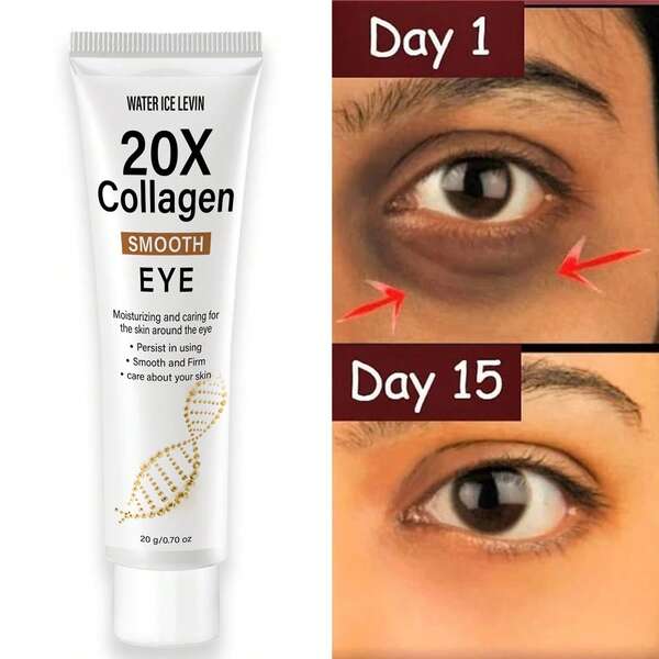 20倍胶原蛋白眼霜，滋润柔滑眼周肌肤，减少黑眼圈和暗沉，提亮肤色，抗衰老，保湿亮泽，适合所有肤质。