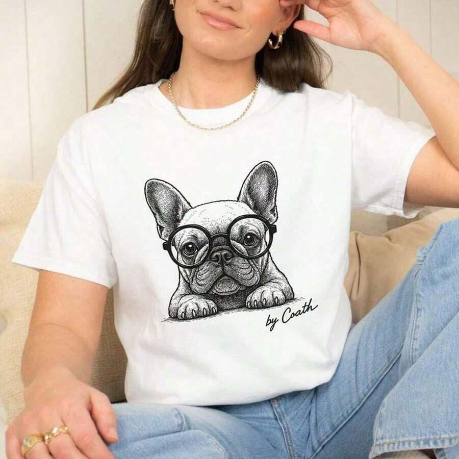 playeras de algodón mujer 1pscCamiseta con gafas de bulldog francés, divertida camiseta para amantes de los perros, regalo para mamás francesas, AMIGOS de las mascotas, mamá de perro, paseador de perros, amante de los franceses, camiseta, bulldog lindo. J*PG. J*PG220 g C-AmiS-eta de al-Godón puro de perfecto para relA-Jarse el fin de semana, hA-cer picnics y reuniones familiares. Un regalo iD-eal para padres y familiares.100%cotton ropa de mujer Daily home top - Blanco - Ver 1