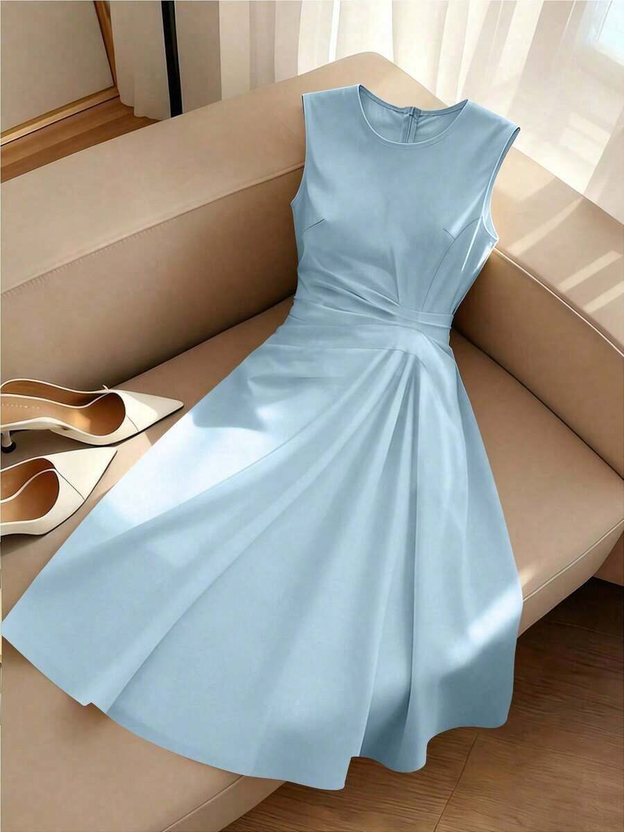 Vestido amarillo plisado sin mangas de verano para mujer, vestido elegante - Azul - Ver 1