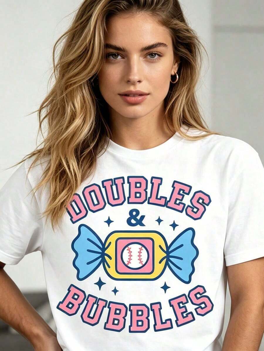 Camiseta de algodón 100% con diseño estampado informal para mujer, diseño 2D de bolas dobles y burbujas, diseño de caramelos de béisbol, cuello redondo, adorno colgante acrílico para decoración del hogar y fiestas, regalo navideño para fanáticos del béisbol, tops de verano, atuendos diarios para mujer, adecuada para primavera, verano y otoño. - Blanco - Ver 1