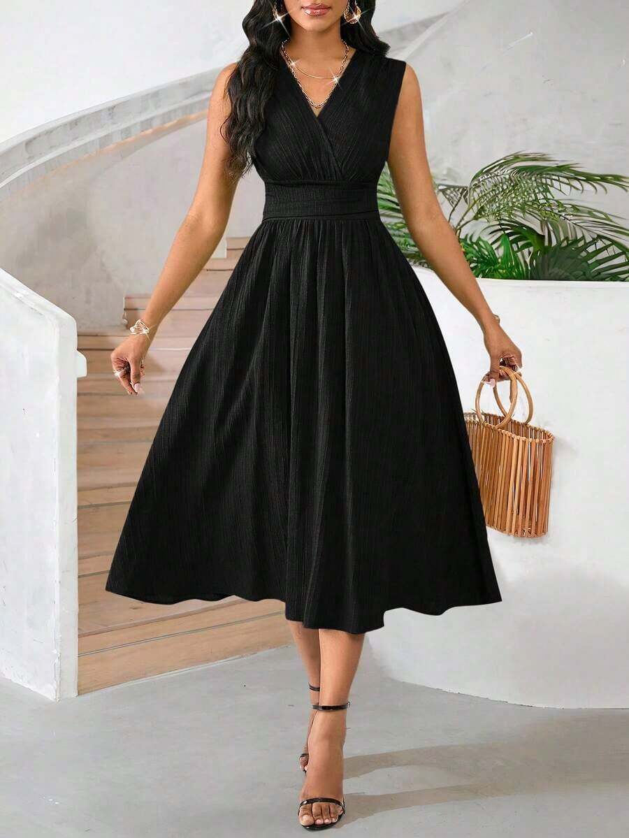 Vestido veraniego sin mangas de mediana longitud para mujer, de tela tejida con textura en color verde - Negro - Ver 1