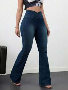 Tall Pantalones vaqueros casuales de mujer, pantalones acampanados de cintura alta con estiramiento, de cintura cruzada, color azul - Azul lavado oscuro - Ver 1