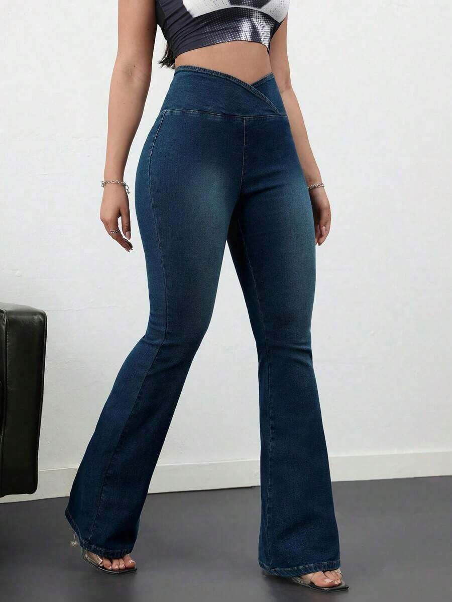 Tall Pantalones vaqueros casuales de mujer, pantalones acampanados de cintura alta con estiramiento, de cintura cruzada, color azul - Azul lavado oscuro - Ver 1