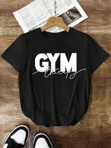 1pscSHEIN LUNE Camiseta de manga corta para mujer, cómoda y casual, con estampado digital de temporada deportiva, ideal para el gimnasio100% Cotton - Negro - Ver 1