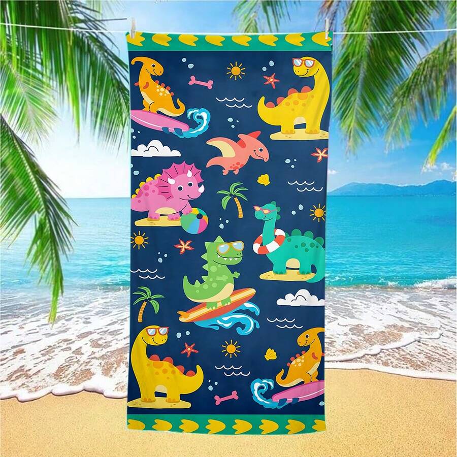 1pc Extra Large Summer Dinosaur Party Kids Beach Towel: Adorable Dinosaurs With Sunny Waves, Vibrant And Eye-Catching Design, Dinosaur + Bright Contrast Colors, Full Of Summer Vibes, Making Kids' Beach Time More Fun! Quick-Dry Printed Beach Towel