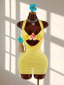 Conjunto de 2 piezas de top corto halter sin espalda con lentejuelas y falda mini drapeada de malla, estilo casual de playa para vacaciones - Amarillo - Ver 2