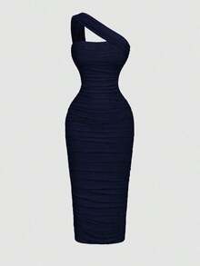 Vestido sin mangas con pliegues asimétricos de estilo vintage para mujer - Azul marino - Ver 6