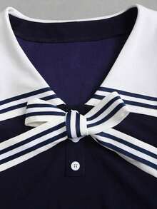 Vestido ajustado de estilo marinero vintage para mujer, elegante y versátil para la escuela, vacaciones, uso casual, azul, primavera/verano - Azul - Ver 4