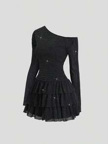 Vestido largo de manga larga con hombro asimétrico, volantes y tela con brillo, elegante y sexy para fiesta, otoño/invierno - Morado - Ver 7