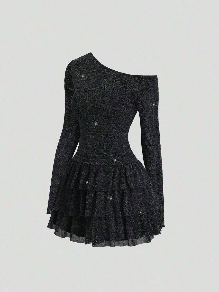 Vestido largo de manga larga con hombro asimétrico, volantes y tela con brillo, elegante y sexy para fiesta, otoño/invierno - Negro - Ver 1