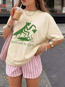 Nueva llegada de verano 2026, 1 pieza, camiseta ligera, delgada, cómoda, de tacto suave, para uso diario, corte regular, estilo streetwear estético, estilo Pinterest, estampado gráfico divertido de Mantis Religiosa y "Las chicas serán chicas", top de verano color crema con un toque de humor. Casual, 100% algodón, talla grande, adecuado para uso diario en la calle y salidas. - Albaricoque - Ver 8
