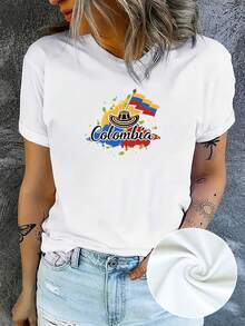 PremiumCamiseta Deportiva de Manga Corta con Cuello Redondo y Diseño Gráfico del Día de la Independencia de Colombia, Ropa Deportiva para Mujer, LindaNueva llegada - Blanco - Ver 3