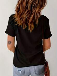 1 pieza de [Novedad 2026] Camiseta estampada de cuello redondo para mujer, elegante y con estilo, adecuada para primavera y verano, fácil de lavar y guardar, ideal como regalo de cumpleaños/pascua, diseño con bordado floral. - Negro - Ver 2
