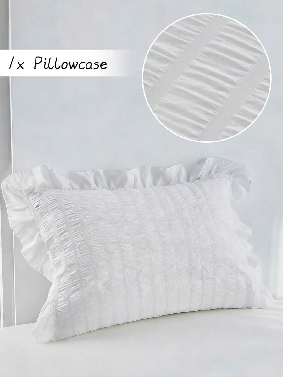 1pc Ins Minimalist Pure White Ruched Pillow Case, Soft Pleated Texture Decorative Throw Pillow Cover For Sofa, Cute Romantic Bubble Gauze Bedroom Bedding Pillowcase, Suitable For All Seasons, Soft & Breathable, Machine Washable, No Filling Included - White - View 1
