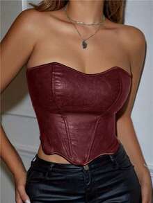 Yuwenier Retro Solid Color Floral Asymmetric Hem Boned Tie-Up Backless PU Leather Bustier Corset, Suitable For Music Festivals, Halloween, Women - Burgundy - View 5