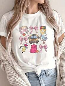 Women's Casual Short Sleeve T-Shirt, Modern Minimalist Style - Fun Graphic Print And Teacher Appreciation, Lightweight And Relaxed Fit, Comfortable Top For All Seasons, Teacher T-Shirt, Vibrant Print T-Shirt, High-Quality Print, Casual For Everyday Wear - 白色 - 查看 7