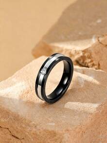 1pc Men's Two-Tone Stainless Steel Ring, Black Band With Silver Stripe & CZ, Ideal For Office & Formal Wear - Multicolor - View 1
