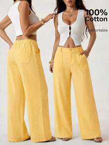 PETITE Pantalones rectos de cintura baja de 100% algodón lavado - amarillo ganso - Ver 2
