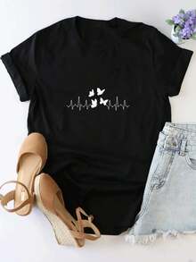 1 Piece Of Beautiful Blouses For Women's Clothing Women's Shirts Butterflies And Heartbeats 180G Black And White T-Shirt, Butterfly Print, High Quality Print, Round Neck, Basic Loose Size, For Men And Women, Breathable, Versatile, Machine Washable, Breathable, Comfortable, Size S ~ 3XL, Daily, Casual, Sports, Essential For Summer. - 黑色 - 查看 4