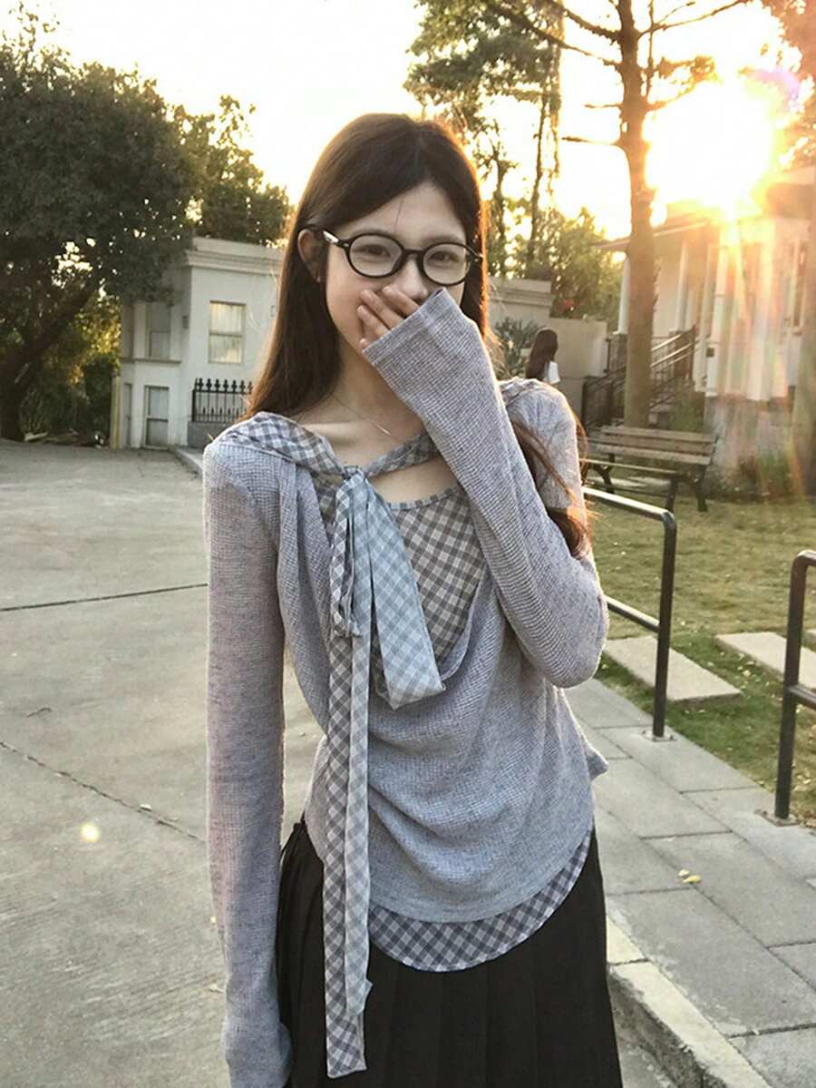 Swing Collar Plaid Ribbon Patchwork 2 In 1 Top, Pleated Design Versatile Long Sleeve T-Shirt For Women - Grey - View 1