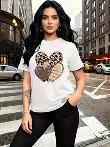 Camiseta con Estampado de Leopardo y Diseño de Corazón - Manga Corta, Cuello Redondo, Estilo Casual con Apliques y Gráficos, Transpirable para Uso en Todas las Estaciones, Ideal para Conjuntos a Juego con Hermanas, Eventos, Viajes - Blusa Cómoda de Elasticidad Media para Uso Diario 100% Cotton Blusas Bonito - Blanco - Ver 5