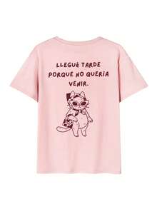 Oversized Drop Shoulder Tee With Spanish Text And Cool Cat Print. Funny And Stylish Streetwear, Soft And Comfy For Daily Casual Wear. - Pink - View 2