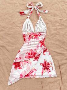 Vestido romántico para vacaciones con estampado floral, cuello halter en V, cuello con lazo, malla fruncida, para uso en la play - Blanco - Ver 2