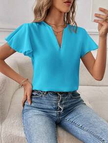 Camisa de mujer de unicolor con escote en V entallado y manga corta, informal y adecuada para el trabajo, blusas de manga corta - Azul - Ver 7