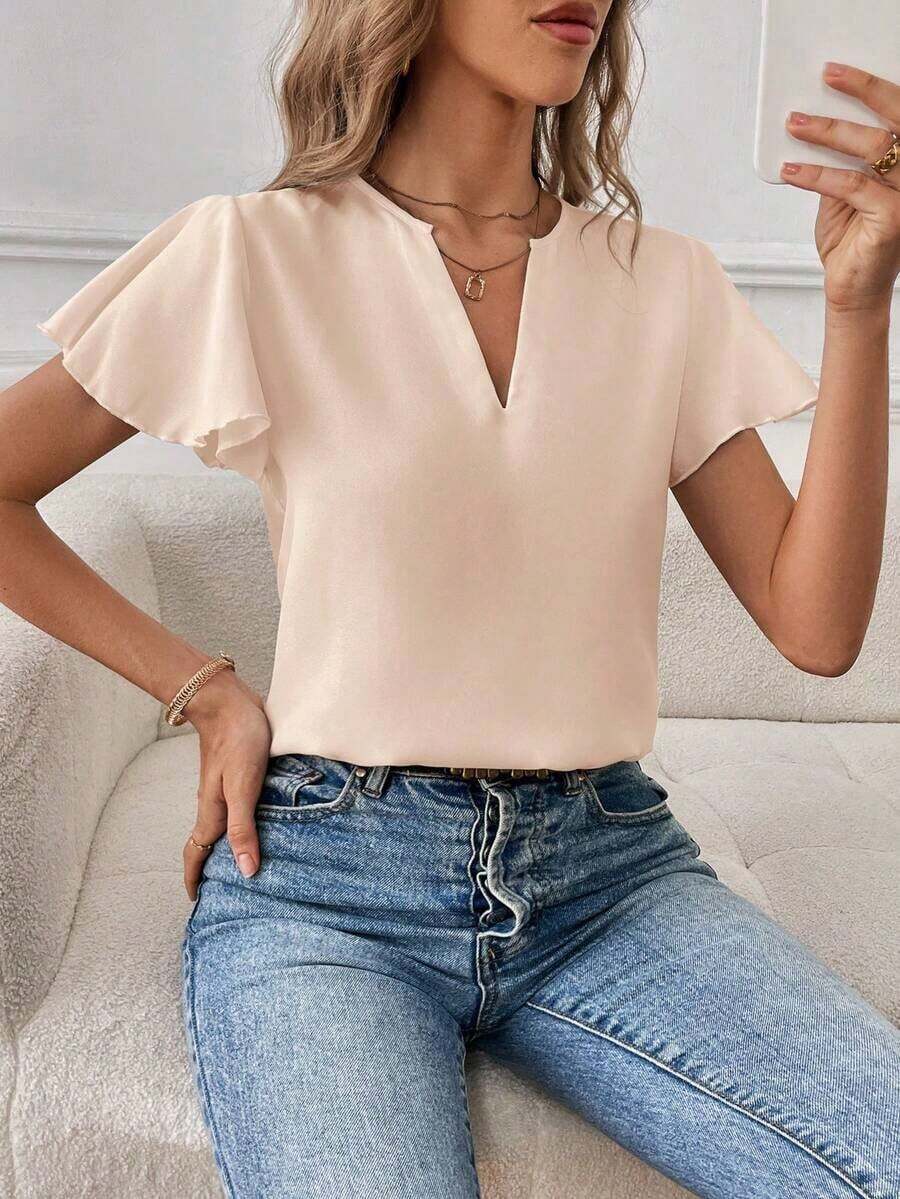 Camisa de mujer de unicolor con escote en V entallado y manga corta, informal y adecuada para el trabajo, blusas de manga corta - Albaricoque - Ver 1